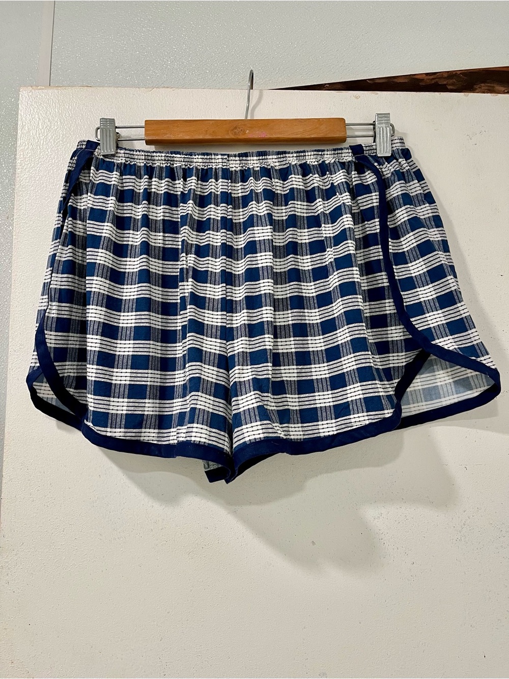 Women's Navy and White Plaid (PALAKA) Elastic-Waist Shorts